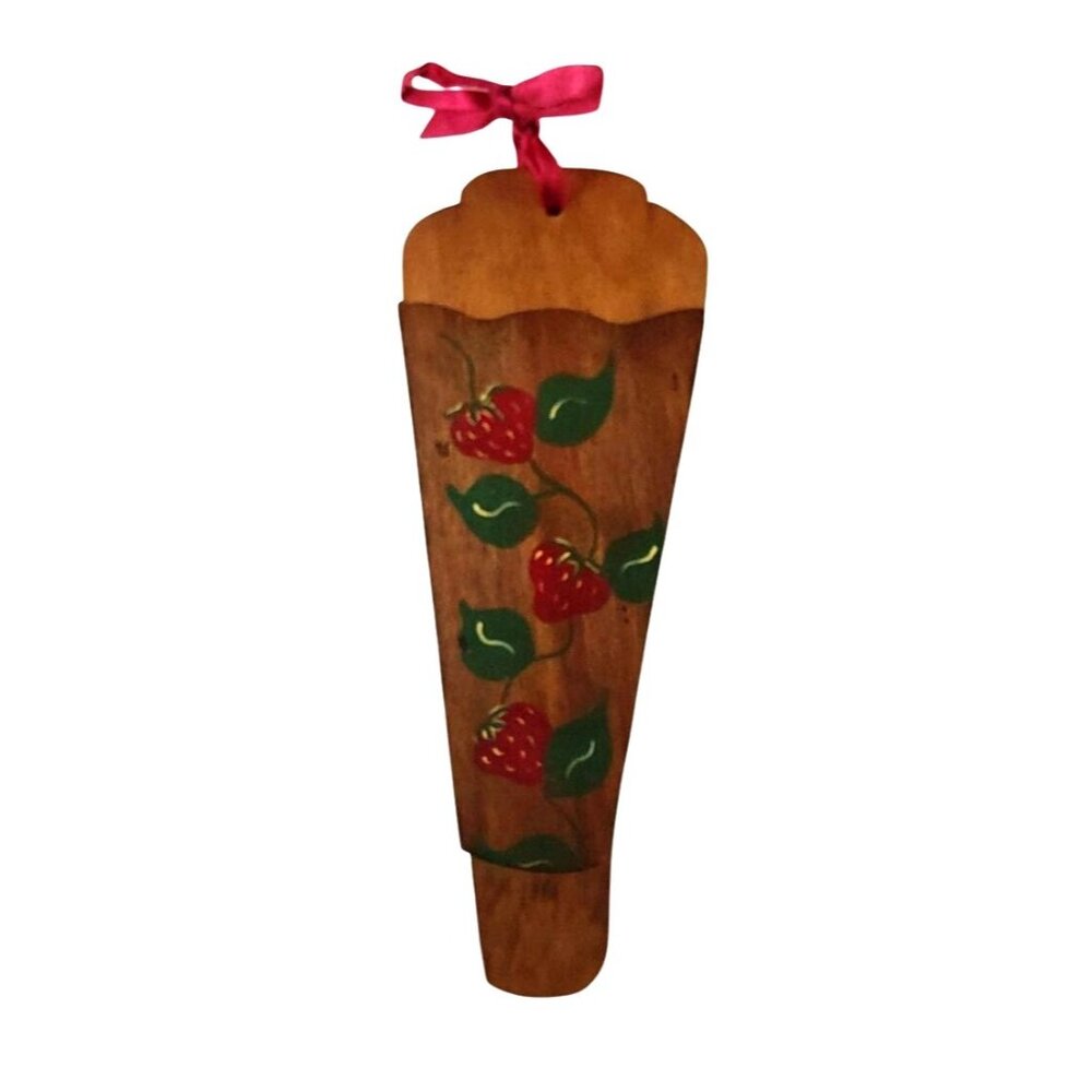 Vintage Hand-Painted Wooden Wall Pocket Strawberry Design With Ribbon Hanger